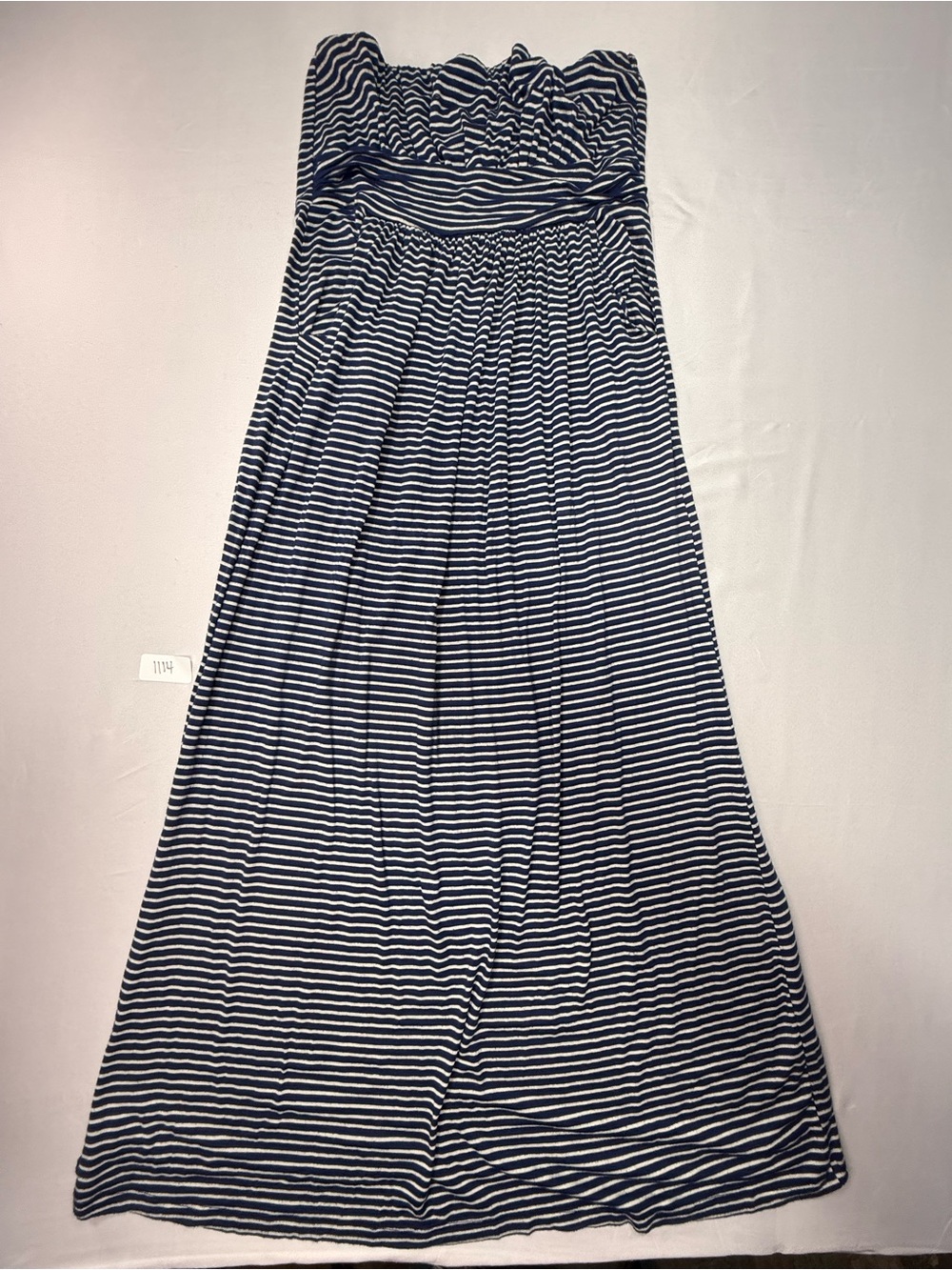 Striped Navy and White Strapless Maxi Dress